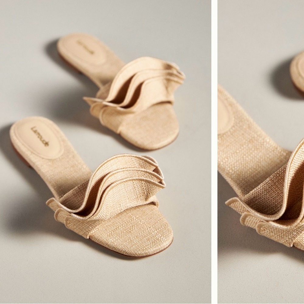 Larroude Ivy ruffle sandals in raffia beige